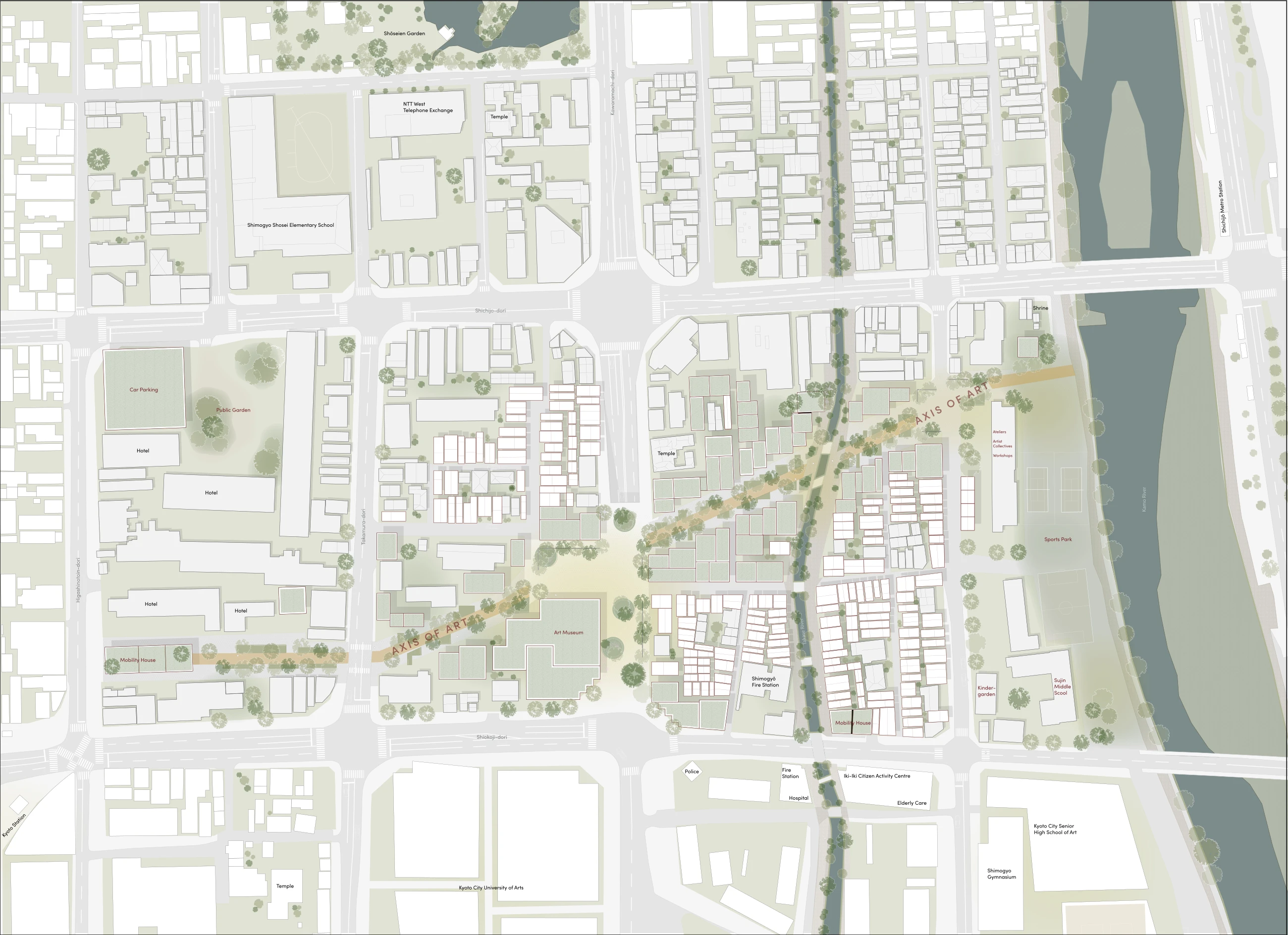 Masterplan — den nye aksen mellom Kamogawa-elven og Kyoto stasjon